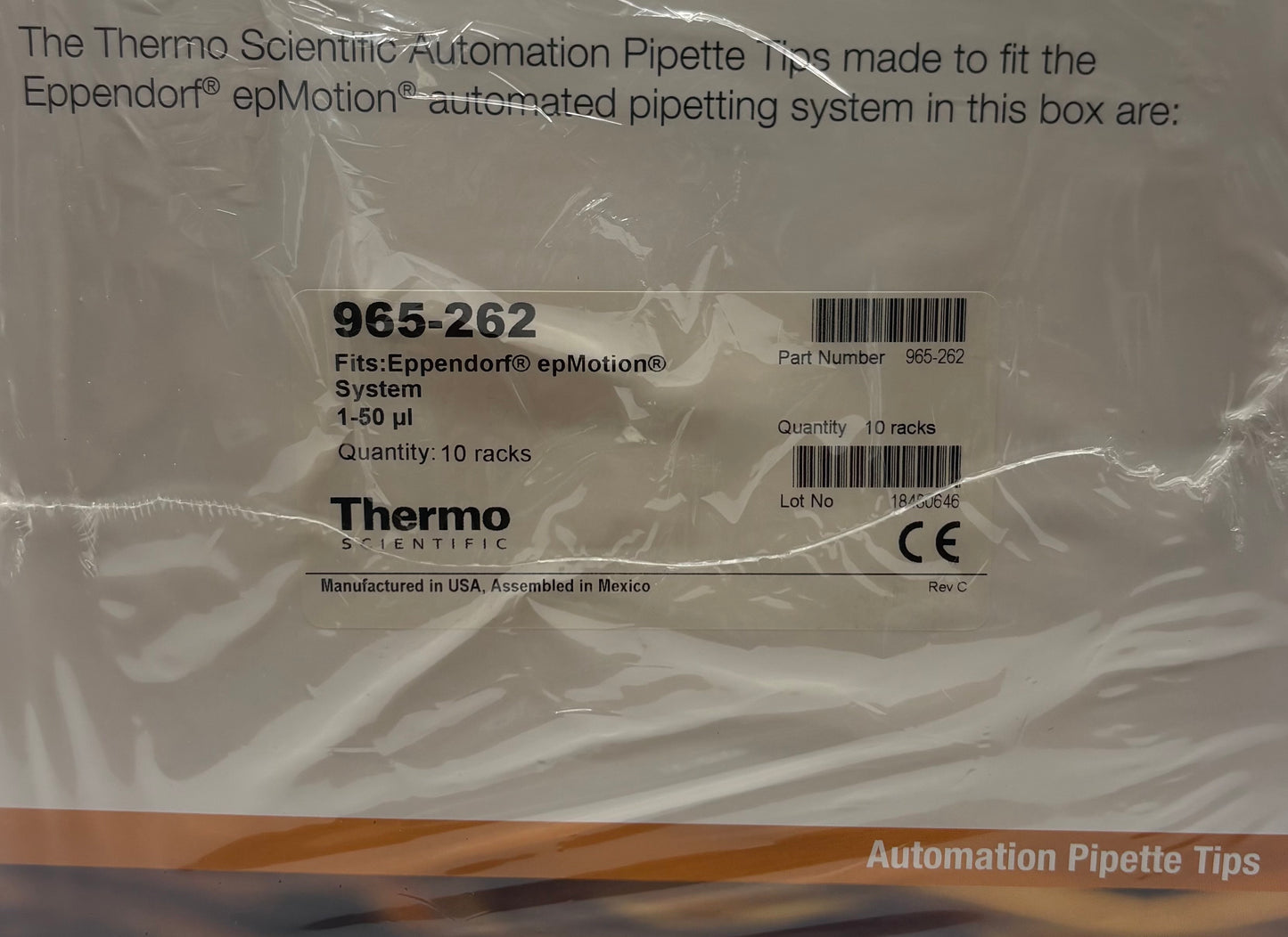Thermo Scientific 965-262 Automation Pipette Tips for Eppendorf epMotion — 50µL, Non-Sterile, 10 Racks (3,840 Tips), New Sealed